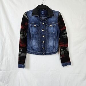 Guess Women The Brittney Southwestern Sleeve Black Leather Collar Denim Jacket M